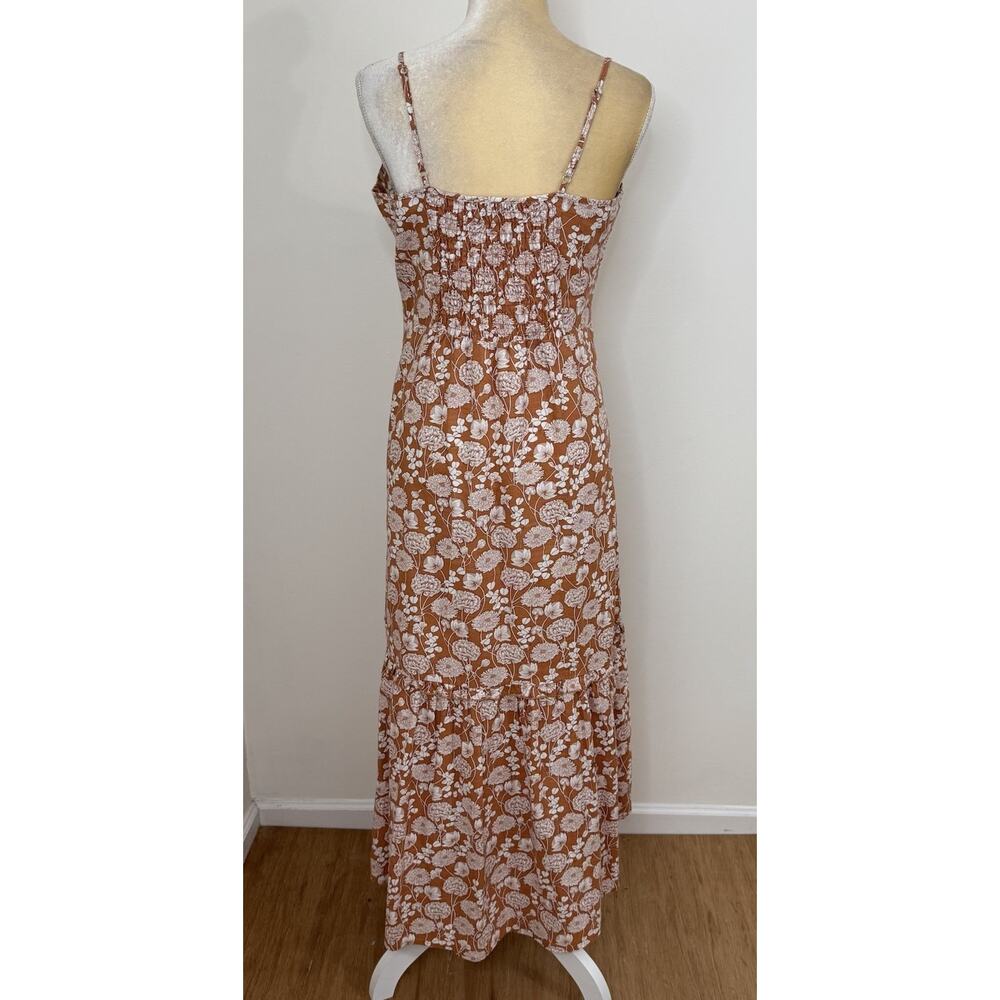 Saks Fifth Avenue Floral Ruffle Linen Blend Midi Dress Size L Brown White - Picture 8 of 12